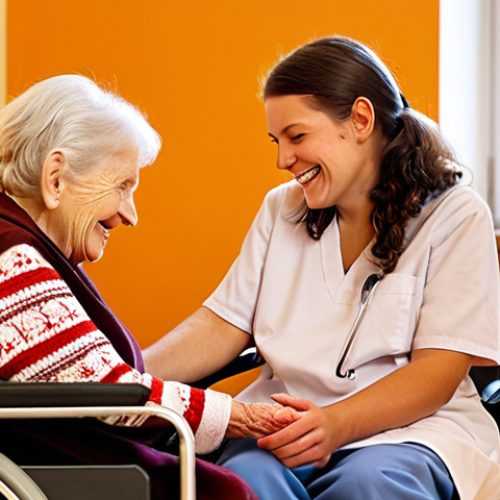 Home 4 ** A heartwarming scene in a German nursing home. An elderly woman in a wheelchair with a bright, genuine smile on her face, interacting with a friendly caregiver. The background includes warm lighting, a hint of holiday decorations, and a subtle aroma of fresh cake, suggesting a cozy and human atmosphere amidst the clinical setting. Focus on conveying warmth, empathy, and the importance of human connection.
**