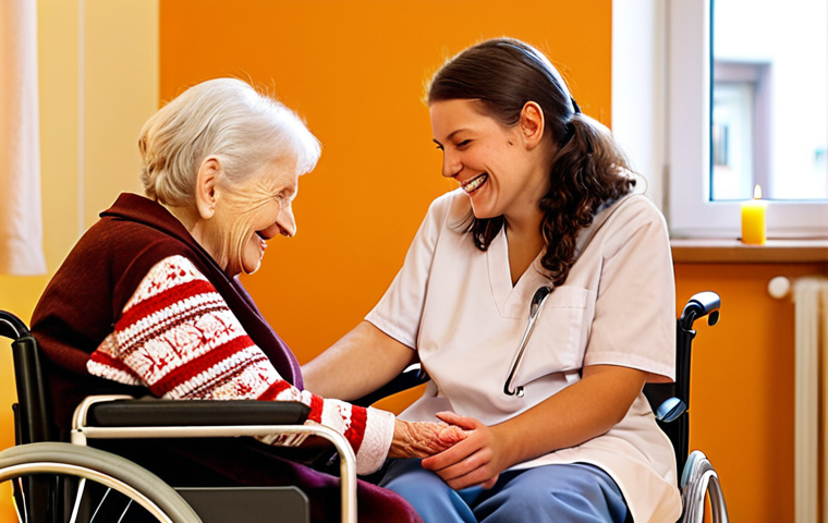 ** A heartwarming scene in a German nursing home. An elderly woman in a wheelchair with a bright, genuine smile on her face, interacting with a friendly caregiver. The background includes warm lighting, a hint of holiday decorations, and a subtle aroma of fresh cake, suggesting a cozy and human atmosphere amidst the clinical setting. Focus on conveying warmth, empathy, and the importance of human connection.
**