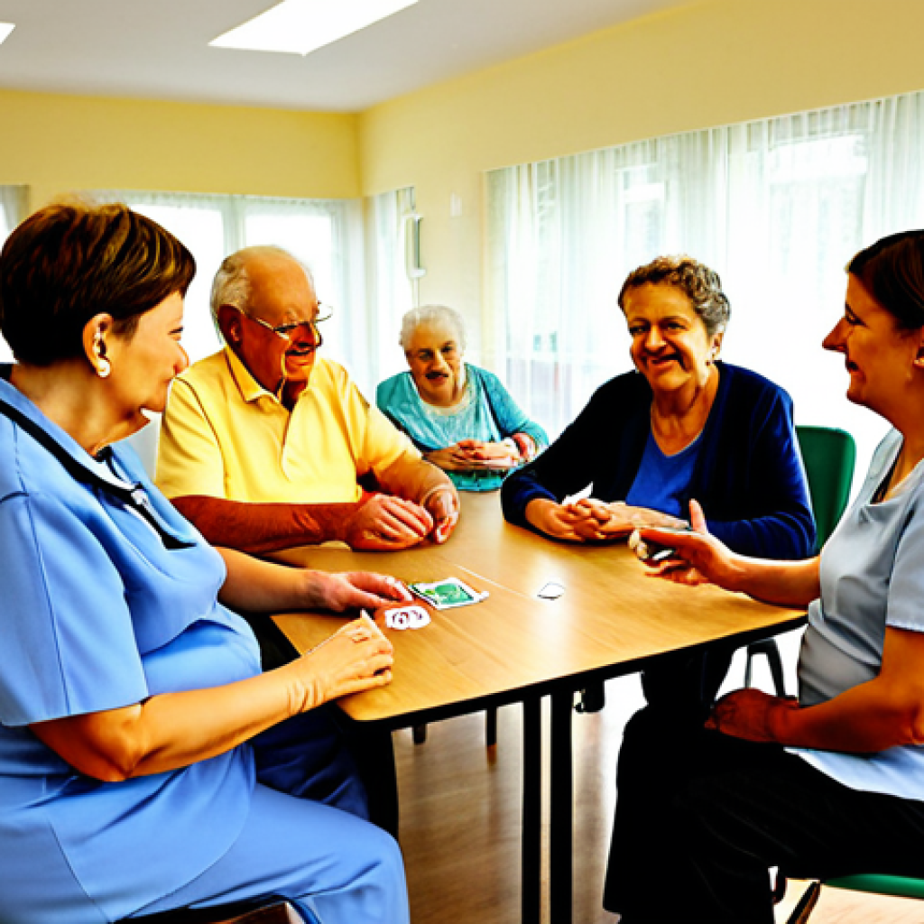 Modern Pflegeheim (Nursing Home)**

"A bright and modern nursing home common area. Several elderly residents are participating in a group activity, such as playing cards or doing light exercises, all fully clothed and engaged.  Natural lighting floods the room through large windows. The atmosphere is warm and inviting. Include elements of assistive technology subtly integrated into the environment.  Safe for work, appropriate content, fully clothed, professional, family-friendly, perfect anatomy, natural proportions, well-formed hands, proper finger count, natural body proportions."

**
