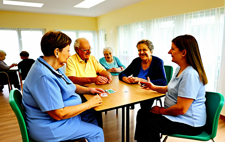 Modern Pflegeheim (Nursing Home)**

"A bright and modern nursing home common area. Several elderly residents are participating in a group activity, such as playing cards or doing light exercises, all fully clothed and engaged.  Natural lighting floods the room through large windows. The atmosphere is warm and inviting. Include elements of assistive technology subtly integrated into the environment.  Safe for work, appropriate content, fully clothed, professional, family-friendly, perfect anatomy, natural proportions, well-formed hands, proper finger count, natural body proportions."

**