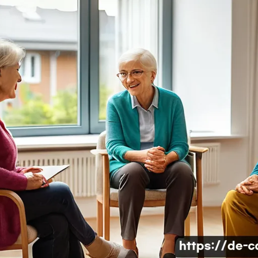요양병원 환자 가족 지원 프로그램 - A warm and inviting support group setting inside a modern German care facility, featuring diverse mi...