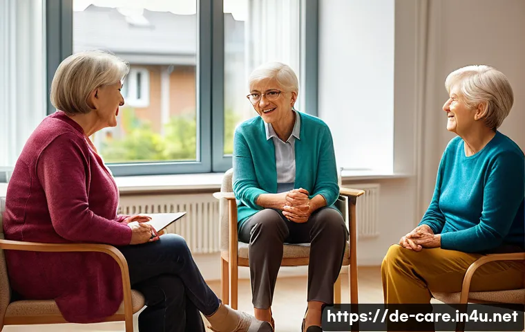 요양병원 환자 가족 지원 프로그램 - A warm and inviting support group setting inside a modern German care facility, featuring diverse mi...