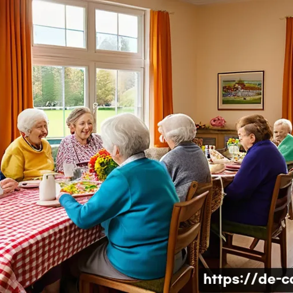 요양병원 식사 품질 후기 - A bright and welcoming nursing home dining room during lunchtime, featuring elderly residents happil...