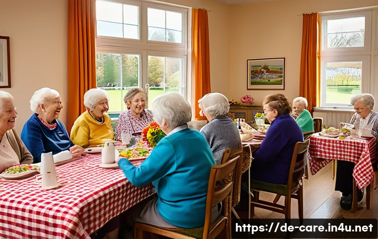요양병원 식사 품질 후기 - A bright and welcoming nursing home dining room during lunchtime, featuring elderly residents happil...