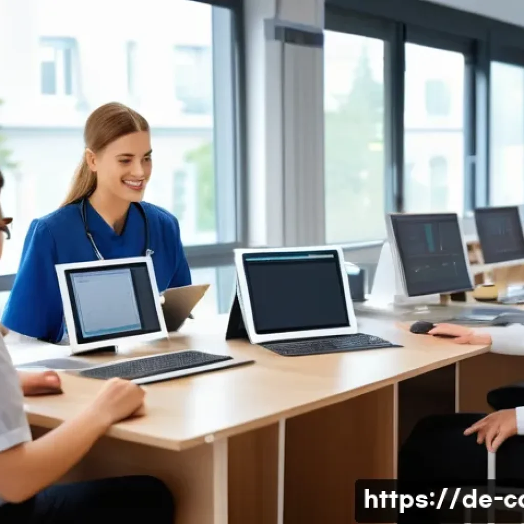 요양병원 건강보험 청구 - A modern German nursing home administrative office scene, showing diverse staff members&mdash;caregivers i...