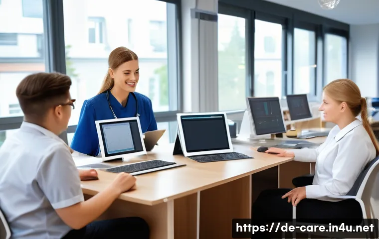 요양병원 건강보험 청구 - A modern German nursing home administrative office scene, showing diverse staff members&mdash;caregivers i...