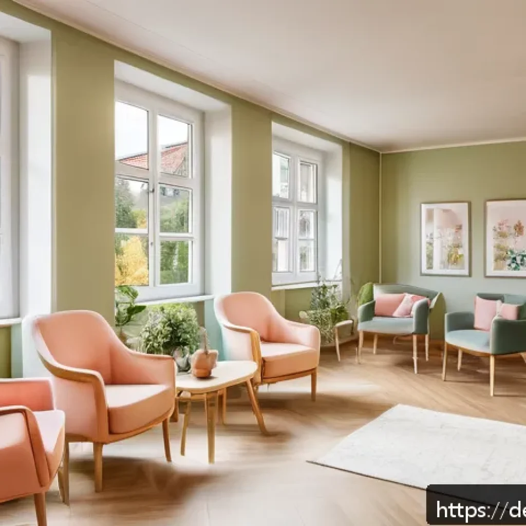 요양병원 시설 견학 후기 - A cozy, modern senior apartment interior in a German nursing home, featuring personalized decoration...