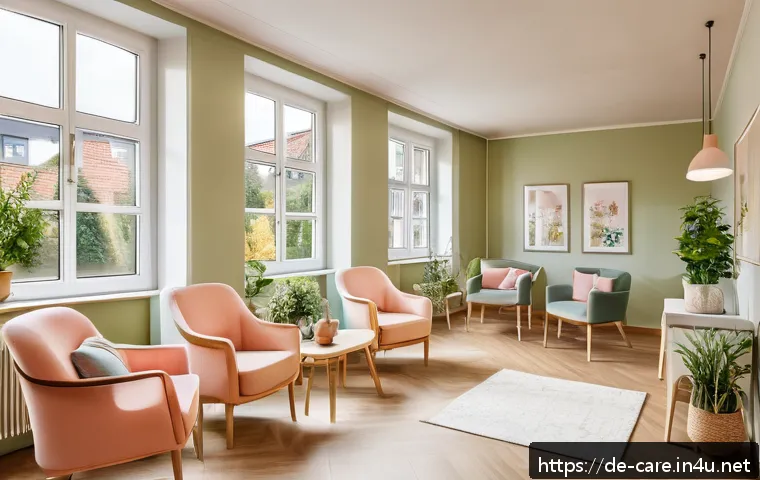 요양병원 시설 견학 후기 - A cozy, modern senior apartment interior in a German nursing home, featuring personalized decoration...