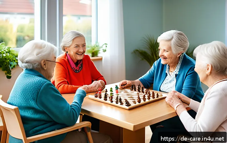 요양병원 입원 전 상담 절차 - A warm and inviting scene inside a modern German nursing home common area, featuring elderly residen...
