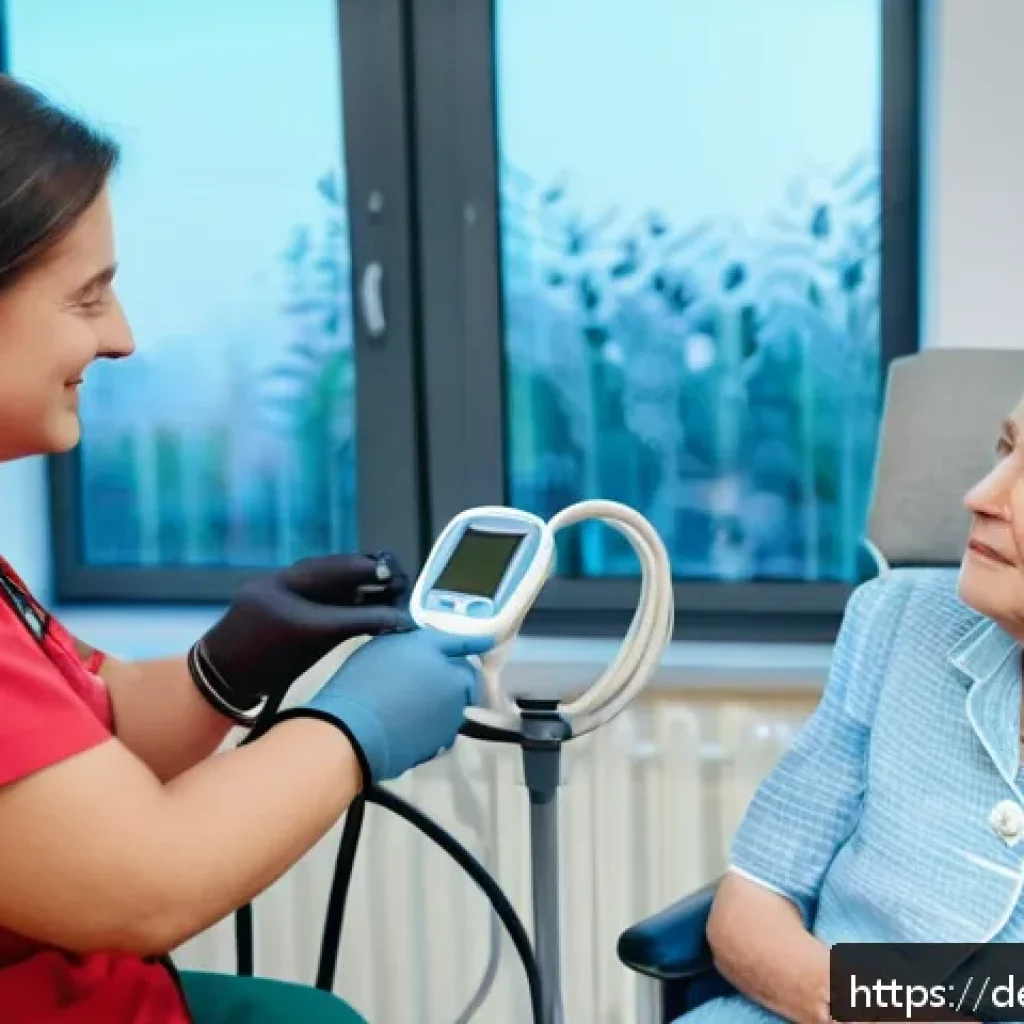 요양병원에서 가능한 의학적 시술 - A compassionate elderly care nurse in a modern German nursing home, wearing professional uniform and...