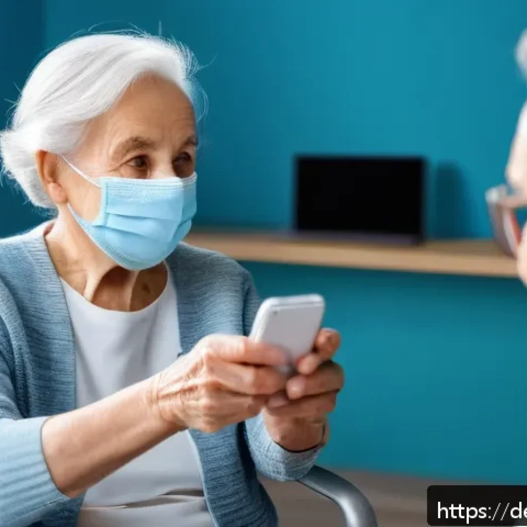 요양병원 방문 예약 방법 - A friendly elderly woman sitting in a bright, clean nursing home room, warmly greeting a middle-aged...