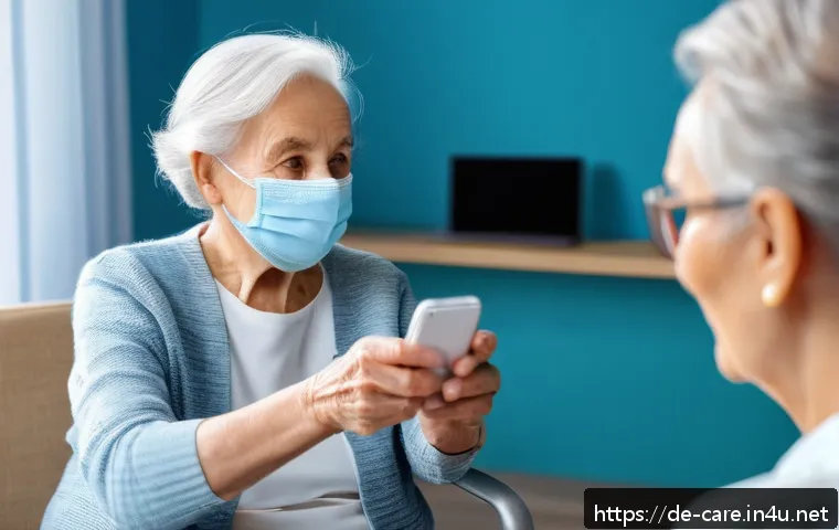 요양병원 방문 예약 방법 - A friendly elderly woman sitting in a bright, clean nursing home room, warmly greeting a middle-aged...
