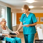 요양병원 시설 비교 - A bright and modern German nursing home interior showing a spacious private room with natural light,...