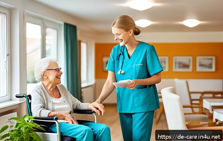 요양병원 시설 비교 - A bright and modern German nursing home interior showing a spacious private room with natural light,...