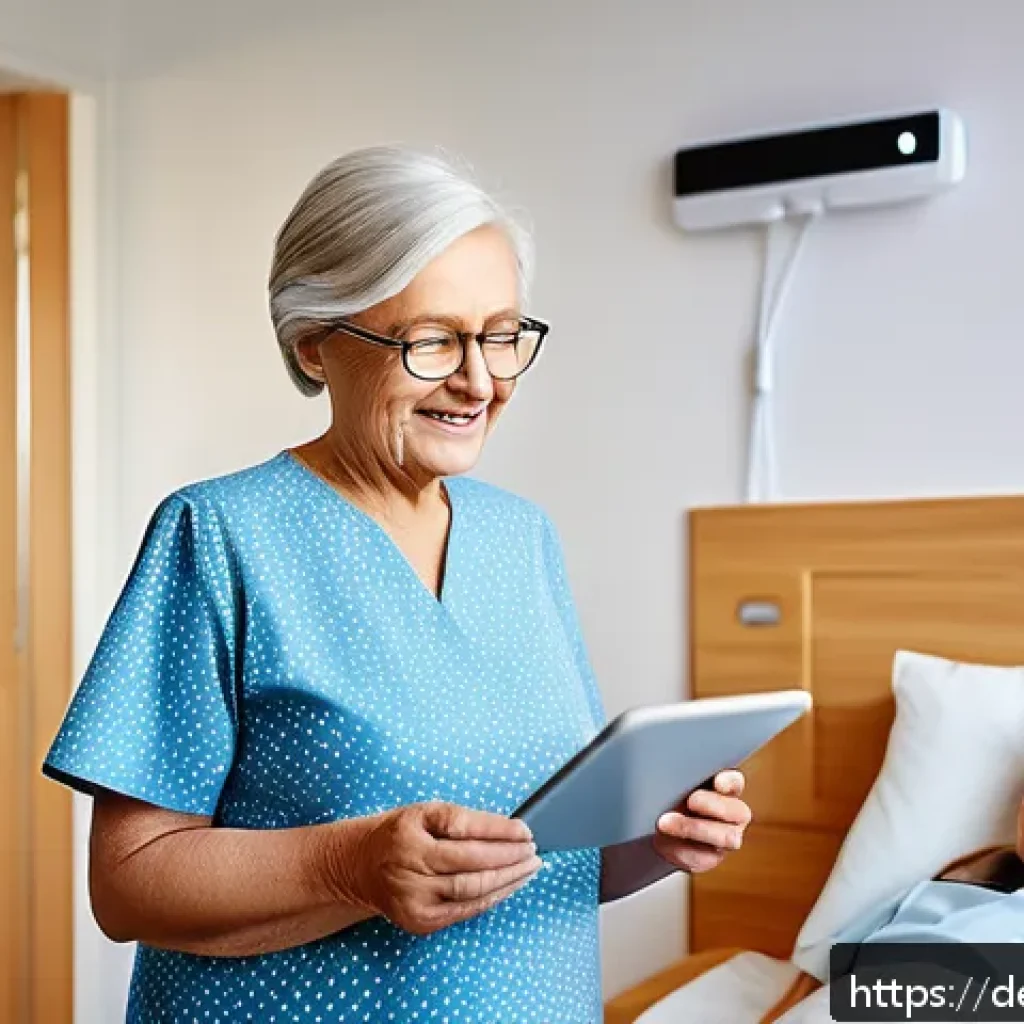 요양병원 환자 생활 지원 서비스 - A modern German nursing home room featuring advanced digital assistive technology: a middle-aged wom...