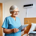 요양병원 환자 생활 지원 서비스 - A modern German nursing home room featuring advanced digital assistive technology: a middle-aged wom...