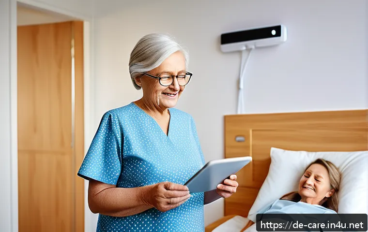 요양병원 환자 생활 지원 서비스 - A modern German nursing home room featuring advanced digital assistive technology: a middle-aged wom...
