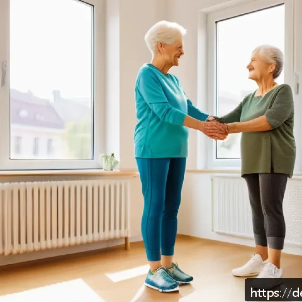 요양병원에서의 운동치료 - An elderly German woman wearing comfortable sportswear and supportive sneakers, practicing balance e...