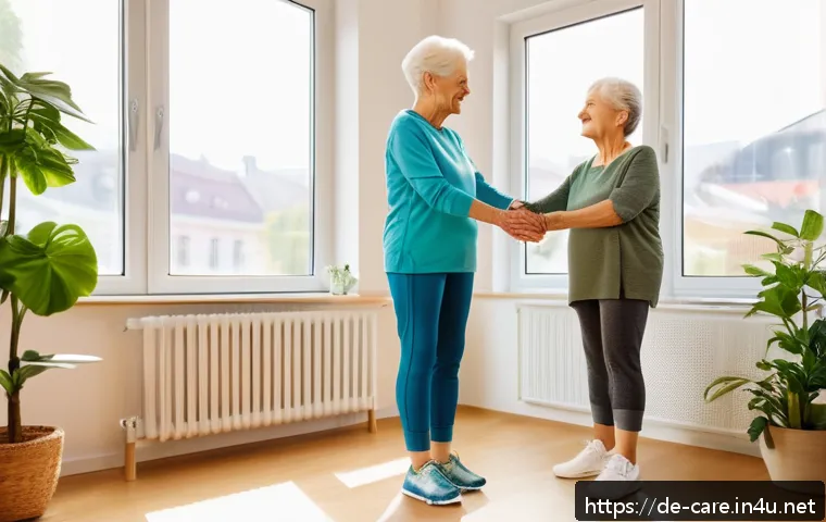 요양병원에서의 운동치료 - An elderly German woman wearing comfortable sportswear and supportive sneakers, practicing balance e...