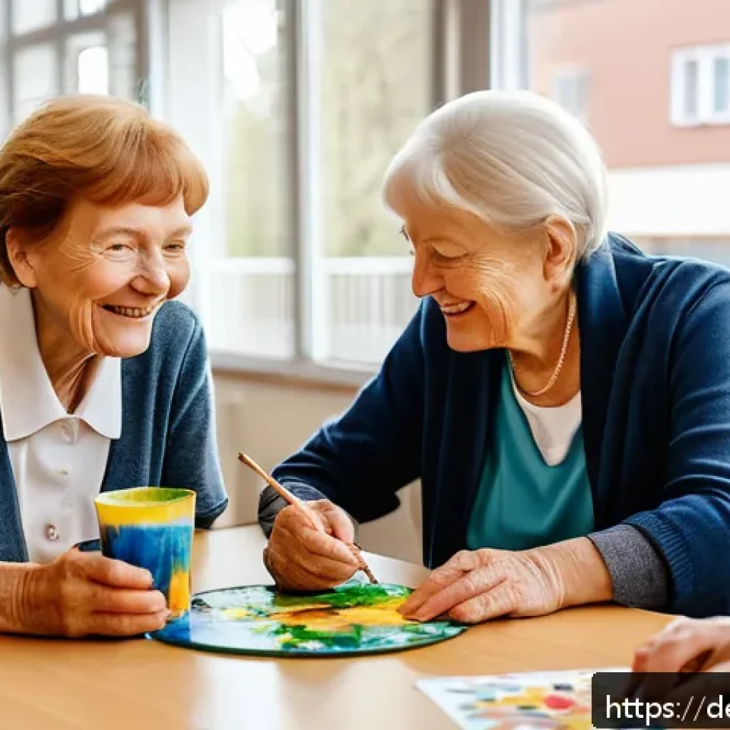 요양병원에서 제공하는 심리상담 - A warm, inviting scene inside a modern German nursing home common room, featuring elderly residents ...