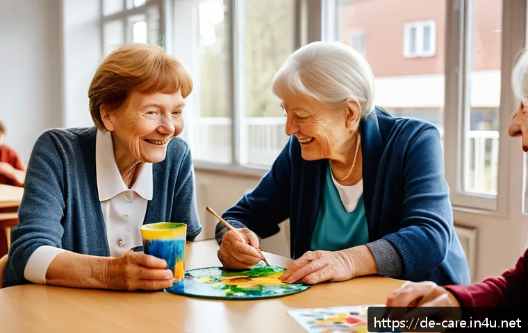 요양병원에서 제공하는 심리상담 - A warm, inviting scene inside a modern German nursing home common room, featuring elderly residents ...