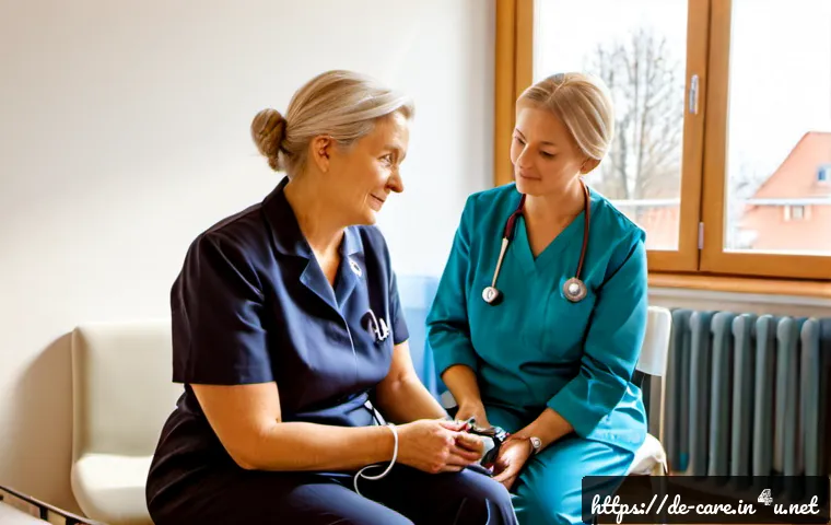 Home 17 요양병원에서 관리하는 만성 질환 - Photorealistic German long-term care clinic, compassionate nurse in neat neutral uniform checking th...