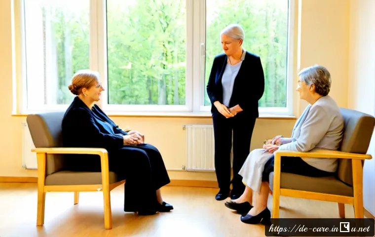 요양병원에서 가능한 심리치료 - Photorealistic scene in a modern German rehabilitation hospital, compassionate female psychotherapis...
