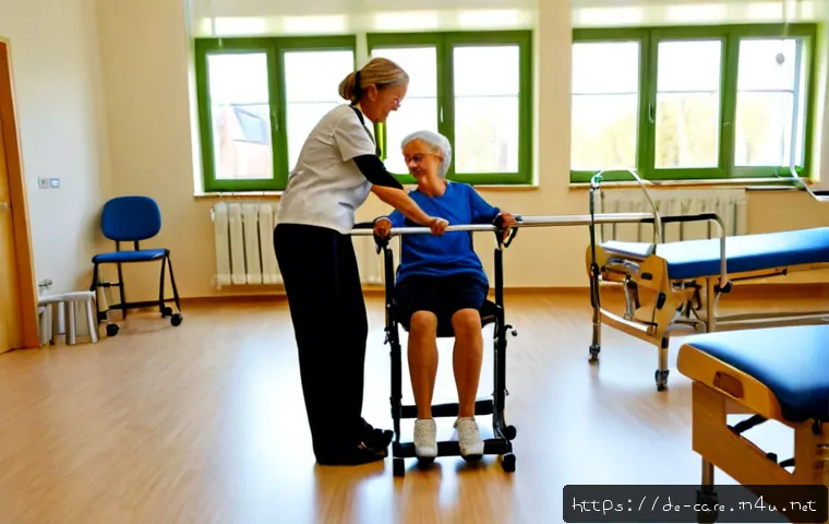 요양병원에서의 물리치료 효과 - Photorealistic rehabilitation session in a modern German nursing hospital, an elderly European woman...