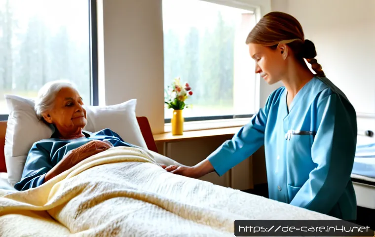 말기암 환자 요양병원 후기 - Photorealistic private room in a modern German palliative care hospital, an elderly cancer patient r...