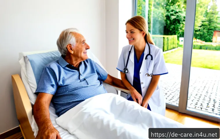 Home 17 요양병원 선택 기준 - Photorealistic German senior care facility visit, an elderly German couple in neat casual clothing w...